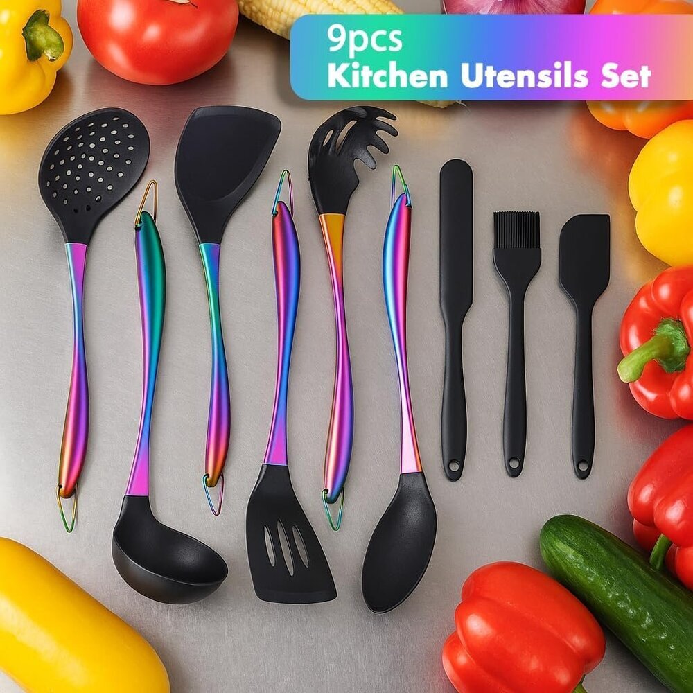 Silicone Cooking Utensils Set, 9Pcs Kitchen Utensil Set with Stainless Steel Han - Picture 8 of 9